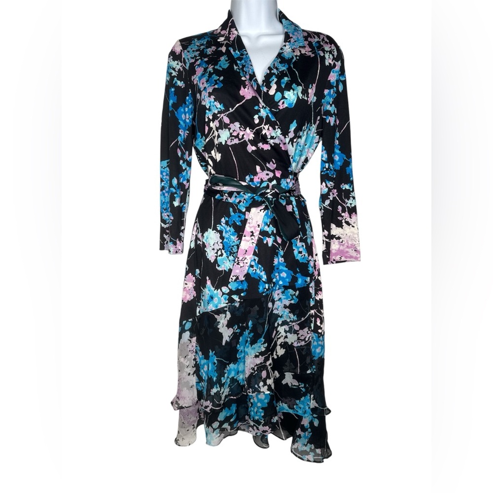 Diane Von Furstenberg Cathy Silk Wrap Black and Blue Floral Midi Dress